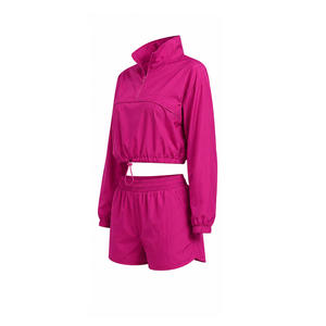 Conjunto Deportivo Casual para Mujer, Color Rosa, con Cierre de Cremallera de un Cuarto, Manga Larga, Pantalones Cortos con Cordón, Color Sólido, Ligero, de Poliéster - Product Image 5