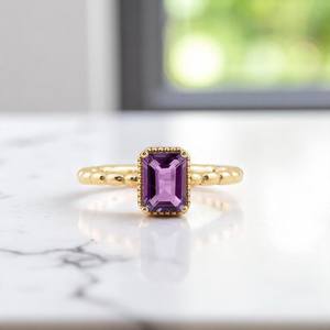 Bague Solitaire Améthyste Délicate Coupe Émeraude Pierre Précieuse Violette Alliance Mariage Bijou Pierre de Naissance Argent 925 Or 14K - Product Image 6