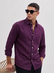 เสื้อเชิ้ตผู้ชายสีม่วง ผ้าคอตตอนป๊อปลิน แขนยาว ปกคอพับ สีพื้น ระบายอากาศได้ดี เหมาะสำหรับใส่ในฤดูใบไม้ผลิ - Product Image 1
