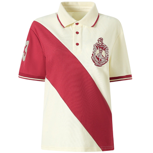 Camiseta Polo Personalizada DST Sorority para Mujer, Diseño de Bloques de Color Diagonales en Marrón Crema, Escudo Bordado - Product Image 1