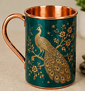 Premium Decal Printed Golden Peacock Copper Moscow Mule Mug Luxury Royal Blue Patterned Cocktail <b>Cup</b> royal blue <b>enamel</b> finish - Product Image 4