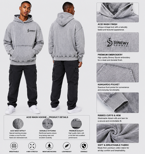 Sudadera con Capucha Oversize para Hombre, Lavado Ácido, Gris Sólido, 100% Algodón French Terry, Estilo Casual de Otoño, Transpirable, Tejido de Punto - Product Image 1