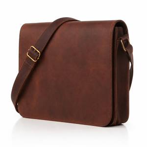 Vintage Brown Leather Laptop Messenger Bag Crossbody Shoulder Satchel Adjustable Strap Brass Buckle Soft Business Office Travel - Product Image 1