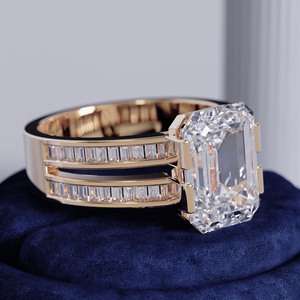 <b>Emerald</b> Cut Moissanite Diamond Engagement <b>Ring</b> Channel Baguette Cut Double Band Statement <b>Ring</b> 925 Sterling <b>Silver</b> Jewelry - Product Image 3