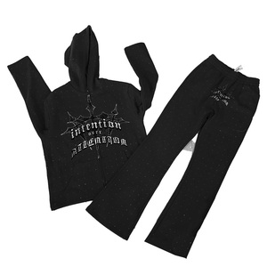 Ensemble de survêtement pour homme de haute qualité avec broderie en strass, fermeture éclair, coton délavé, coupe ample, impression personnalisée, logo sur mesure - Product Image 3
