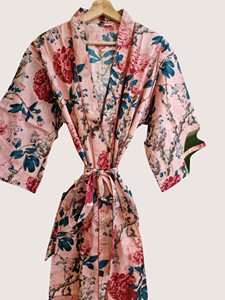 Bata Larga Estampada Floral para Mujer, Manga Tres Cuartos, Cuello en V, Suave, Informal, para Primavera, 100% Algodón Tejido - Product Image 2