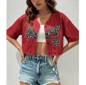 Women's Pink <b>White</b> America Baseball Jersey <b>Crop</b> <b>Top</b> Off Shoulder Spaghetti Strap Short Sleeve Loose Fit Summer Sportwear - Product Image 6