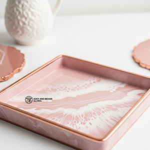 Plateau effet marbre rose design avec bordure dorée métallique |   Plateau de décoration moderne - Product Image 5