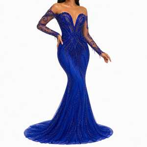 Vestido de Noche Recto Azul Rey Sexy con Lentejuelas de Lujo, Hombros Adornados, Largo hasta el Suelo, para Fiesta Formal, de Poliéster con Cola Natural - Product Image 2