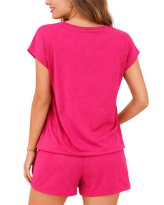 Women's Pink 2-Piece <b>Knitted</b> <b>Set</b> Short Sleeve Top With Drawstring Shorts Solid Color Breathable Casual Spring Summer Wear - Product Image 2