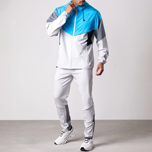 Ensemble de jogging pour homme, coupe colorée, à capuche, fermeture éclair intégrale, léger, en polyester, sportif, séchage rapide, blanc, bleu, gris, printemps - Product Image 1