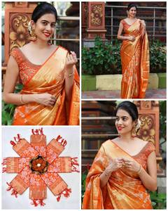 Sari de Seda Kanchipuram Naranja de Lujo para Mujer, Traje Tradicional Indio para Boda, Blusa Étnica Premium, Moda de Verano e Invierno - Product Image 2