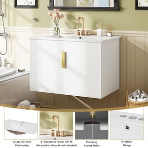 Mobile Bagno Vintage da 30 Pollici con Lavabo Singolo in Ceramica a 3 Fori, 2 Armadietti con Chiusura Ammortizzata, Stile Retrò - Product Image 5