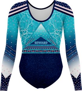 Justaucorps de gymnastique bleu scintillant pour femmes Seward Sports avec un imprimé géométrique élégant, design à manches longues, spandex/polyester - Product Image 2