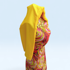 Dirac suisse allemand rose avec imprimé cercle abstrait citron vert et châle jaune |   Robe somalienne de luxe pour mariage - Product Image 2