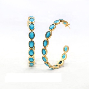 Aretes de Aro con Calcedonia Azul y Baño de Oro sobre Latón, Forma Ovalada, Joyería para Fiesta - Product Image 1