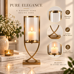 Luxury Gold Glass Candle <b>Holder</b> with Cross Frame and Square Base for Table Display | Elegant Hurricane Candle Stand for Home Dec - Product Image 2