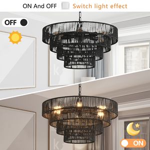 Lampadario Rustico a 4 Livelli in Corda di Canapa Nera da 20 Pollici, Lampada a Sospensione Boho Fatta a Mano con 6 Attacchi E12 - Product Image 5