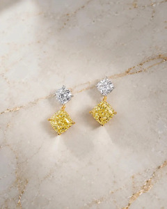Hot Selling Luxury Fancy Color <b>Diamond</b> Drop Earrings Cushion Cut Lab Grown 14K Two Tone Gold OM GEMS - Product Image 3