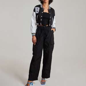 Blank Wholesale Womens Black <b>White</b> Varsity <b>Jacket</b> Full Sleeve Button Up Turn Down Collar <b>Short</b> Length Autumn Casual Apparel ODM - Product Image 2