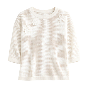 Pull-over blanc en tricot pour femme, manches 3/4, col rond, coupe décontractée, été, viscose/coton, tricoté à la main, motif floral, anti-rétrécissement - Product Image 6