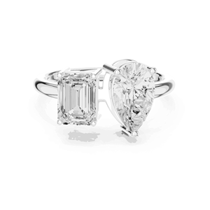 Bague de fiançailles unisexe Toi et Moi en or massif 18 carats avec diamant de laboratoire taille poire émeraude, sertie quatre griffes, style East West - Product Image 3