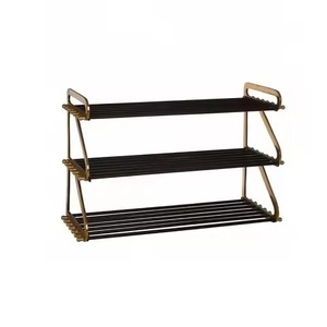 Three Tier Metal Storage Rack With Gold Frame And Black Rods Industrial Style Bathroom Organizer Standing Type Durable Design - Product Image 2
