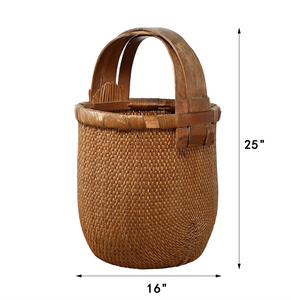 Panier rond rustique en fibres végétales avec poignée, artisanat en bambou et rotin, rangement décoratif pour la maison - Product Image 3