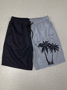 Short de plage bicolore pour hommes avec imprimé palmiers, séchage rapide, cordon de serrage à la taille, poches, gris et noir - Product Image 5