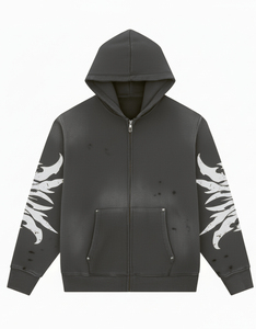 Men's Black Hooded Zip-Up Sweatshirt With White Flame Print On Sleeves Streetwear Style Regular Fit 100% Polyester French Terry - Product Image 2