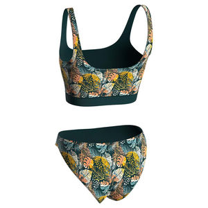 Conjunto de Bikini Floral Tropical para Mujer, Top Corto con Cuello Redondo, Braguita Hipster, Spandex, Poliéster Elástico, Estampado, Traje de Baño de Dos Piezas - Product Image 4