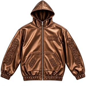 Veste à capuche en similicuir personnalisée pour homme avec panneaux de logo en relief, fermeture éclair intégrale, style streetwear décontracté - Product Image 5