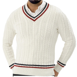 AL SWANS INTERNATIONAL Pull en maille blanc pour homme, col en V, bordure rouge marine, manches longues, anti-boulochage, style vintage, pour l'hiver - Product Image 3