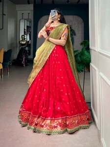 <b>Red</b> Embroidered <b>Lehenga</b> Choli Set With Green Dupatta Traditional Indian Pakistani Wedding Wear Floor Length Women's Attire - Product Image 2