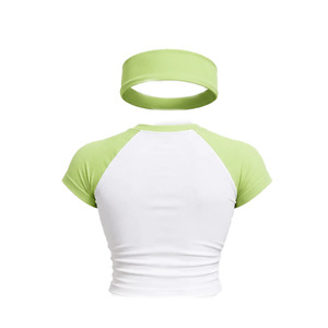 Custom Design Premium Green Colour Women 2 Piece Short Set Color Block <b>Raglan</b> Crop <b>Top</b> Foldover Waist Tracksuit Lounge Outfit - Product Image 2