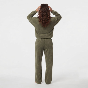 Trendy Elegant Olive Green Acid Wash Heavyweight 100% Cotton Women Tracksuit Set <b>Oversized</b> Quarter Zip Sweatshirt <b>Sweatpants</b> Two - Product Image 4