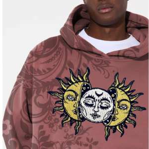Sweat à capuche vintage avec motif soleil et lune, streetwear, pull à capuche, impression personnalisée, fournisseur OEM ODM, fabricant de vêtements en gros - Product Image 2