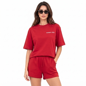 Women's Red <b>2</b>-<b>Piece</b> Set 100% Cotton Breathable Loose Fit Short Sleeve Crew Neck Tee and Shorts Summer <b>Outfit</b> - Product Image 1