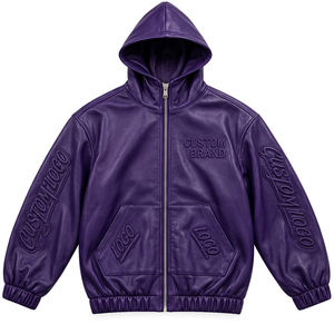 Custom <b>Men's</b> <b>Faux</b> <b>Leather</b> Hoodie <b>Jacket</b> with Embossed Logos Full Zip Urban Casual Streetwear Outerwear - Product Image 3