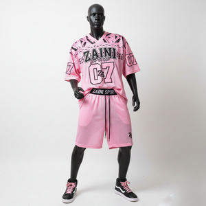 Ensemble short et maillot de basket-ball pour homme, haute qualité, 180 GSM, maille légère rose et noire, logo personnalisé imprimé, pour hommes - Product Image 1