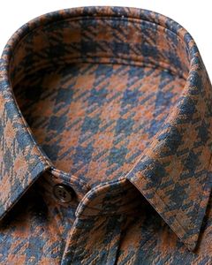 Chemise décontractée pour homme, coupe slim, manches longues, boutonnée, en coton, motif pied-de-poule marron et bleu, qualité supérieure, élégante. - Product Image 4