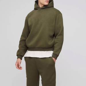 Ensemble survêtement décontracté pour homme, vert olive, sweat à capuche et pantalon assorti, couleur unie, manches longues, pantalon en coton mi-lourd - Product Image 4