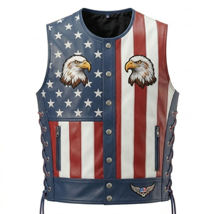 Chaleco de Hombre de Poliéster/Algodón con Estampado de Bandera Americana y Diseño de Águila, Estilo Motero, Cuello Redondo, Cierre de Botones Delanteros, Color Personalizado - Product Image 1