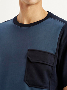 Camiseta de Algodón Azul Sólido para Hombre, Manga Corta, Cuello Redondo, Estilo Casual, Bloques de Color en Contraste, Corte Regular, Tejido de Punto - Product Image 6