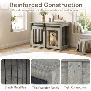 Mueble Jaula para Perros de Madera Gris de 31.5 Pulgadas con Puerta Corredera, Caseta Interior para Mascotas, Mesa Auxiliar - Product Image 5