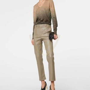 Pantalones de Cuero Genuino para Mujer, Pantalones Casuales de Pierna Ancha, Cintura Media, Frente Plano, Pantalones de Cuero para Mujer - Product Image 4