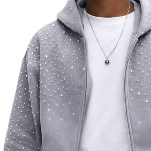 เสื้อฮู้ดซิปหนักประดับเพชรสำหรับผู้ชาย ผ้าฝ้ายฟลีซทรงโอเวอร์ไซส์ สตรีทแวร์ รับทำโลโก้ ขายส่ง ผลิตจำนวนมาก - Product Image 5