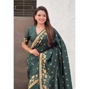 Sari de Seda Pichwai Tejido con Hilo Zari Verde Botella de Elite Weaves, Vestido Elegante para la Noche, 650g - Product Image 2