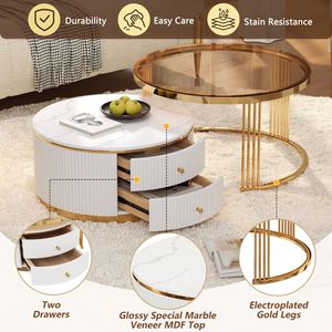 Tavolino da Caffè Moderno Rotondo a 2 Pezzi con Piano in Vetro Temperato Marrone e Cassetti, 27,6 Pollici - Product Image 6