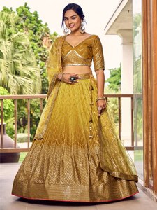 Yellow <b>Sequin</b> Embroidered Geometric Pattern V-neck Three Quarter Sleeve Polyester/Cotton Women's Traditional Lehenga Choli Set - Product Image 1